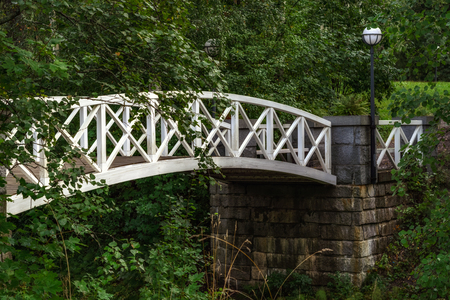 A fragment of the arch bridge across the ravine with a white railing on a stone foundation with street lights on the sides.の写真素材