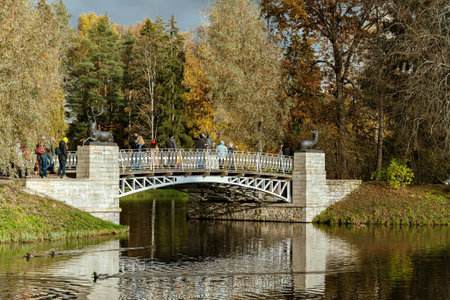 Pavlovsk, Russia, October 18, 2025: Tourists and visitors stroll through the autumn city park and across the Deer Bridge over the pond on a bright sunny day.のeditorial素材
