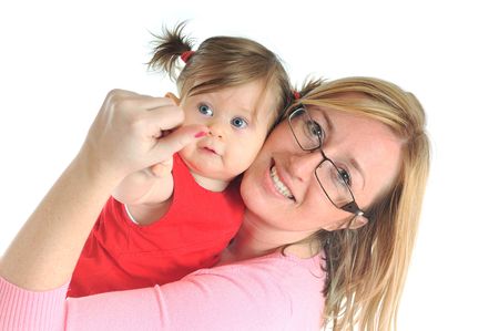 beautiful mom and baby play together isolated on whiteの写真素材