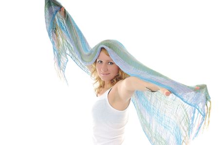 happy young woman with blue scarf isolated on whiteの写真素材