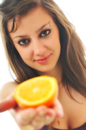 young woman orange isolated fruit foodの写真素材