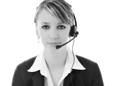 young beautiful business woman with headset phone help customer solution info serviceの写真素材