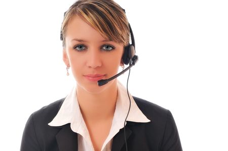 young beautiful business woman with headset phone help customer solution info serviceの写真素材