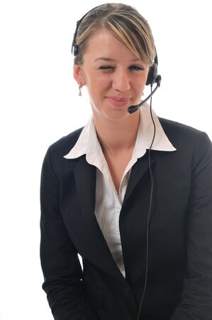 young beautiful business woman with headset phone help customer solution info serviceの写真素材