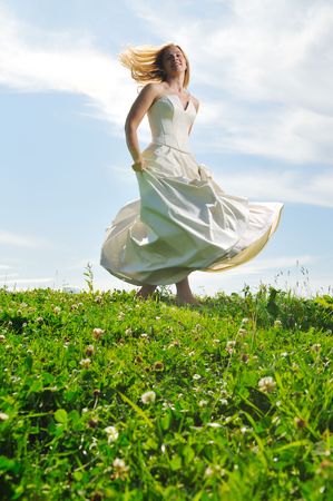 happy young beautiful bride after wedding ceremony event have fun の写真素材