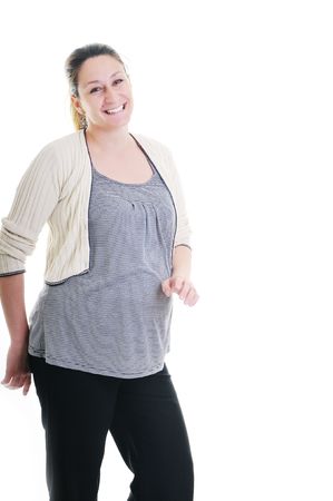 one happy pregnant woman smile isolated on white in studioの写真素材