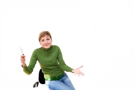 businesswoman in green working on laptopの写真素材