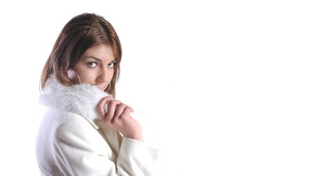 pretty woman in white coat の写真素材