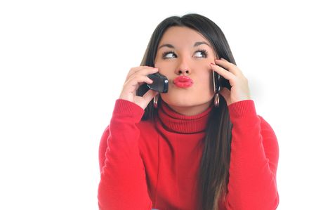 young business woman in red isolated on white talking on cell phone