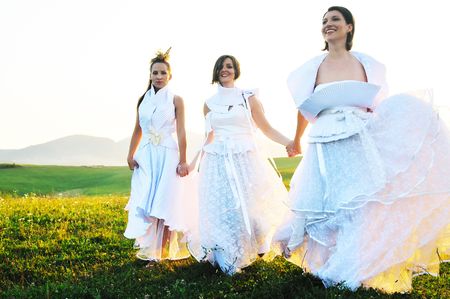 group of bride run on meadow at sunset after wedding partyの写真素材