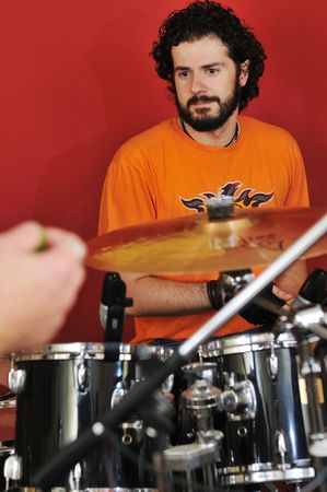 drums music player at home garage on training and practiceの写真素材