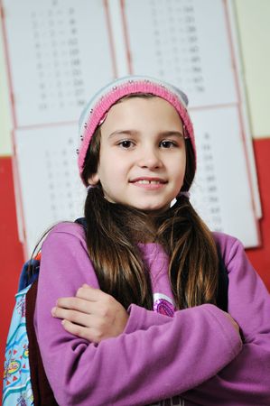 happy school girl on math classes finding solution and solving problemshappy young school girl...