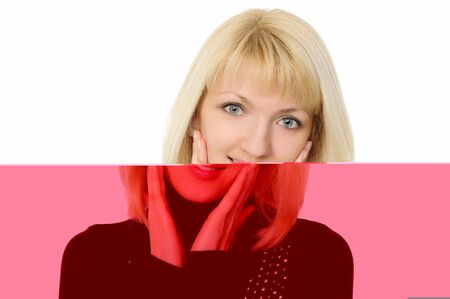 happy young teenage girl isolated on white in studioの写真素材