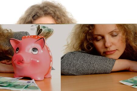 young blond happy teenage girl isolate on white with weight problemの写真素材