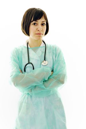 young happy doctor nurse woman with stethoscope isolated on whiteの写真素材