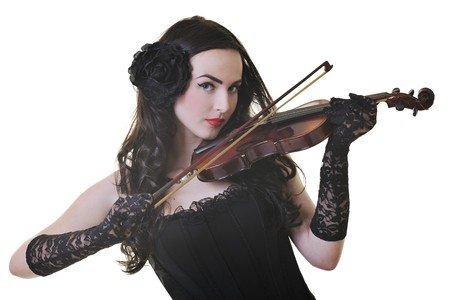 beautiful young happy woman play violin music instrument isolated on whiteの写真素材