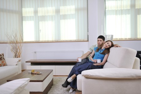 happy young couple relax at home in modern and bright living roomの写真素材