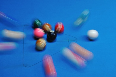 billiard sport game balls on blue table on billiard club ready to playの写真素材