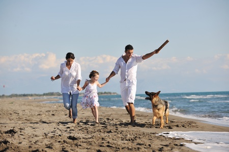 happy young family in white clothing have fun and play with beautiful dog at vacations on beautiful beach の写真素材