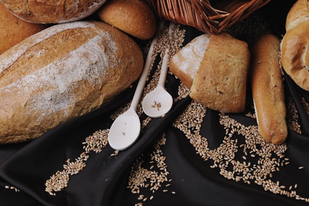 fresh healthy natural  bread food group in studio on tableの写真素材