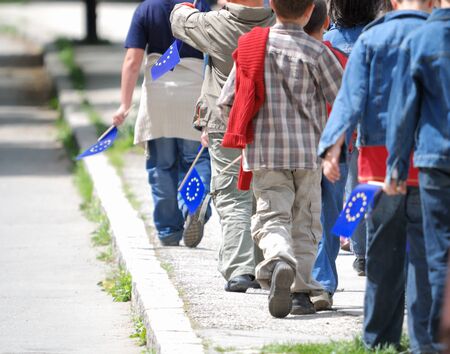 Group of childern walking outdoorのeditorial素材