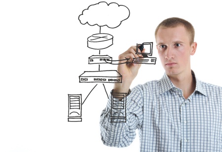 business man draw cloud computing chart on glass  isolated over  white background  in studioの写真素材