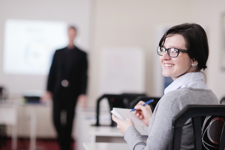 business people group have education leasson on seminar training event at small bright office conference roomの写真素材