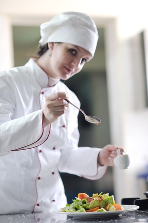 beautiful young chef woman prepare and decorating tasty food in kitchenの写真素材