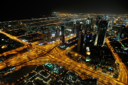 Panorama of down town Dubai modern city at nightの写真素材