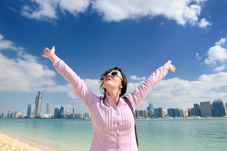 beautiful young woman tourist in dubai and abu dhabi  at vacation and travel tripの写真素材