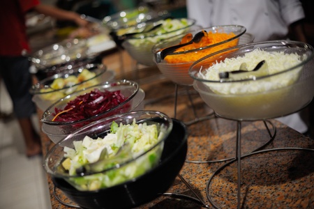 catering buffet food indoor in luxury restaurant with meat colorful fruits  and vegetables