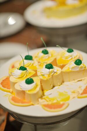 catering buffet food indoor in luxury restaurant with meat colorful fruits  and vegetablesの写真素材