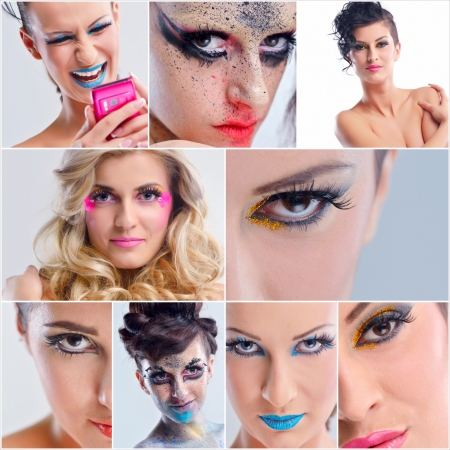 Fashion Beauty collage. Beautiful Woman With hairsyle  and Luxury Makeup isolated on white background in studio. Beautiful Girl Faceの写真素材