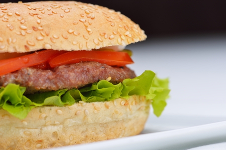 still life with fast food hamburger menu, french fries, soft drink and ketchupの写真素材