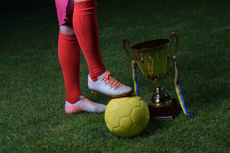 soccer player doing kick with ball on football stadium  field  isolated on black backgroundの写真素材