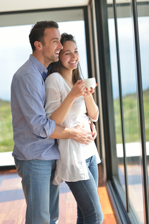 romantic happy young couple relax at homeの写真素材