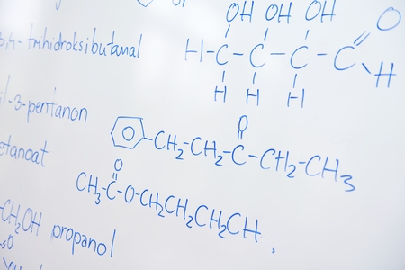 abstract science and  chemical molecule structure on white board in school classroom backgroundの写真素材