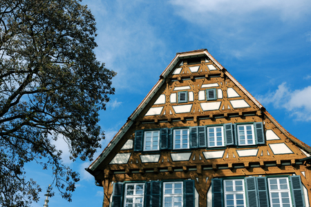 Traditional half-timbered houses street in germanyの写真素材