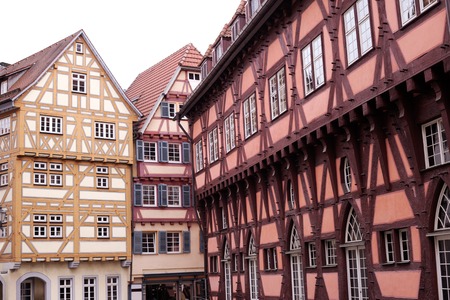Traditional half-timbered houses street in germanyの写真素材