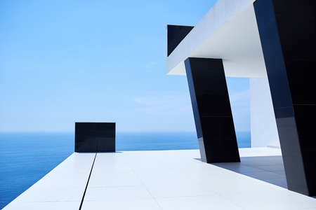 External view of a contemporary house modern villa at  sunset