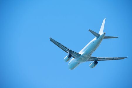 modern airplane travel,  clear blue sky in background
