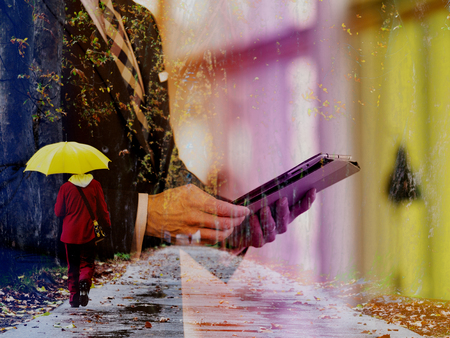Double exposure design. Senior business man working on tablet computer at office