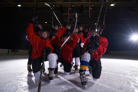 happy children group  ice hockey team  sport players portraitの写真素材