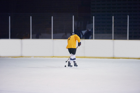 ice hockey player in action kicking with stickの写真素材