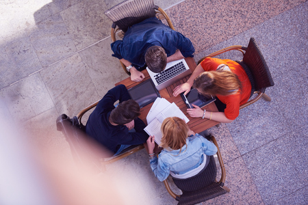students group working on school  project  together at modern university, top view teamwork business conceptの写真素材