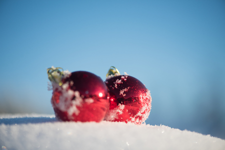 christmas red balls decoration in fresh snow background on beautiful sunny winter dayの写真素材