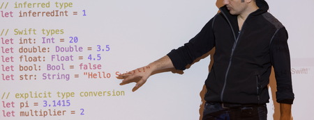 young computer technology students on  code programming class have presentation