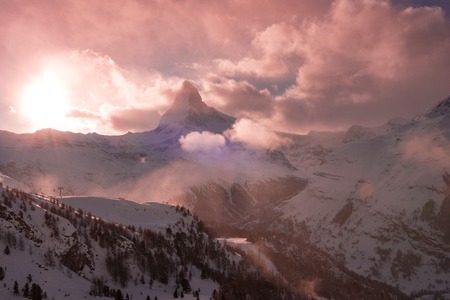 mountain matterhorn zermatt switzerland  with fresh snow on beautiful winter dayの写真素材