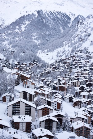 aerial view on zermatt valley and matterhorn peak at dusk with fresh snow in  switzerlandの写真素材