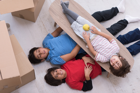 portrait of happy young boys with cardboard boxes around them in a new modern home top viewの写真素材
